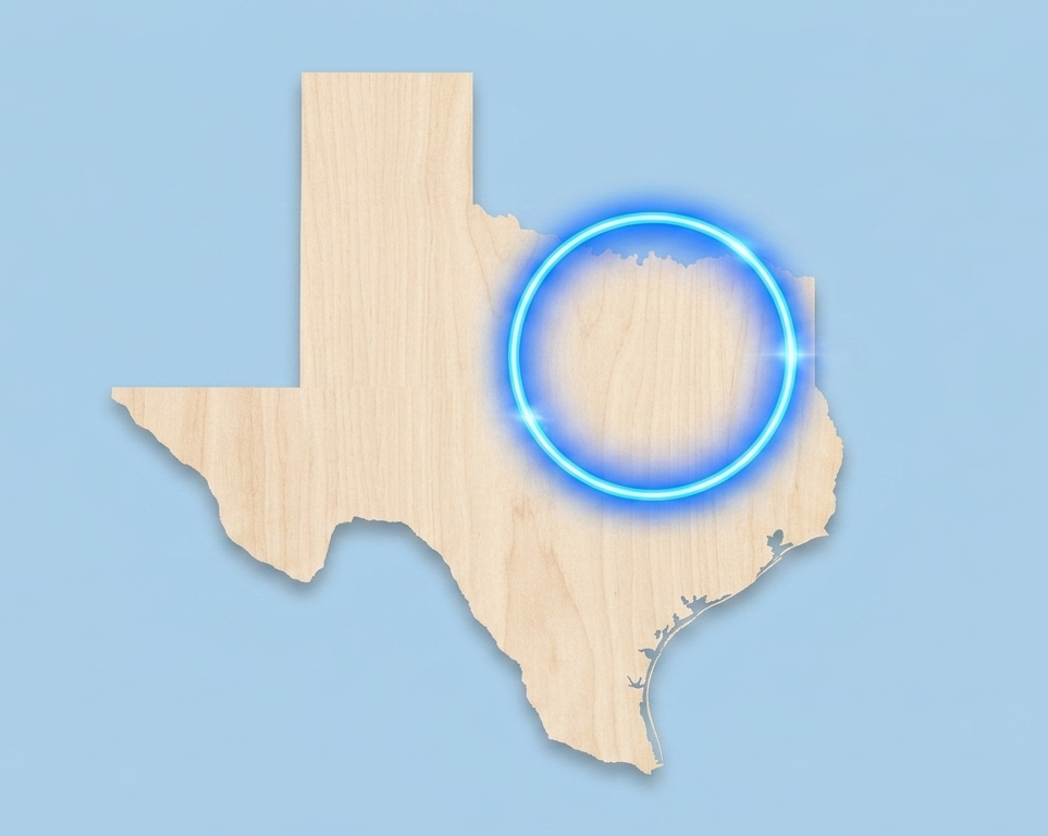 MTB Doors service area map covering North Texas